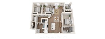 A 3D floor plan of a house with a kitchen, living room, and bedrooms.