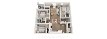 A 3D floor plan of a house with a kitchen, living room, and bedrooms.
