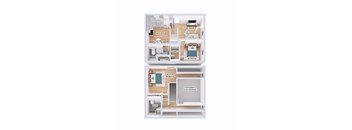 A diagram of a house layout with a living room, kitchen, bathroom, bedrooms and attic storage.