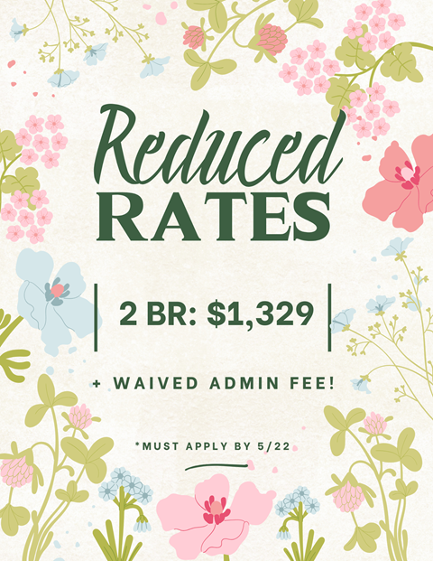 A poster advertising reduced rates of $1,329 for 2 brands with a waived admin fee.