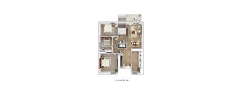 A floor plan of a small apartment with a kitchen, living room, and two bedrooms.