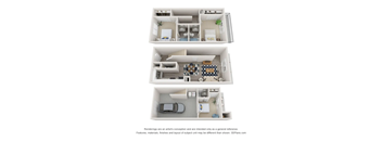 A 3D floor plan of a house with a kitchen, living room, and bedrooms.