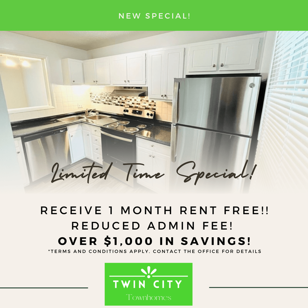 A promotional image for a limited time special offering one month rent free and over $1,000 in savings.