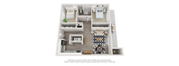 A 3D floor plan of a house with a kitchen, living room, and bathroom.