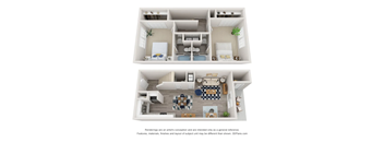 A 3D floor plan of a house with two bedrooms, a living room, a kitchen, and a bathroom.