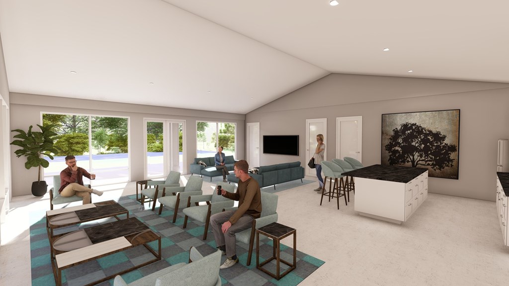 A group of people are sitting in a modern living room.