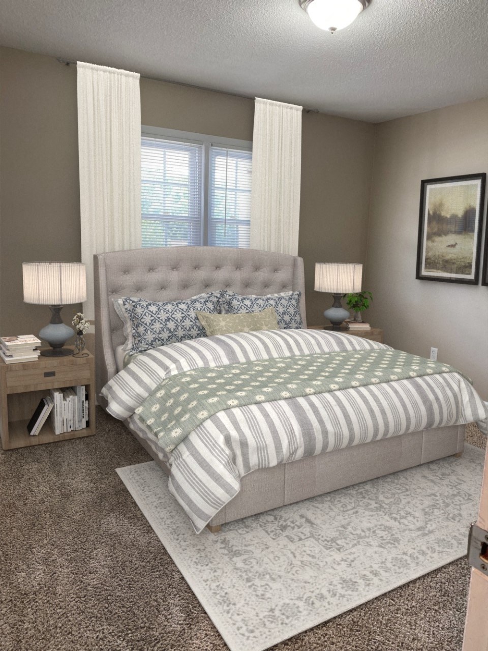 a bedroom with a bed and two lamps and a rug