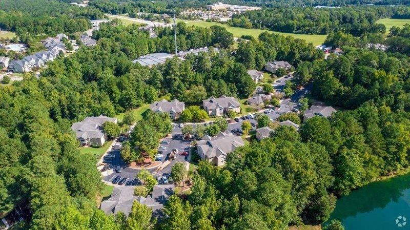 Aerial view of a neighborhood with houses and trees