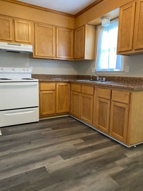 a kitchen with a stove a sink and a window