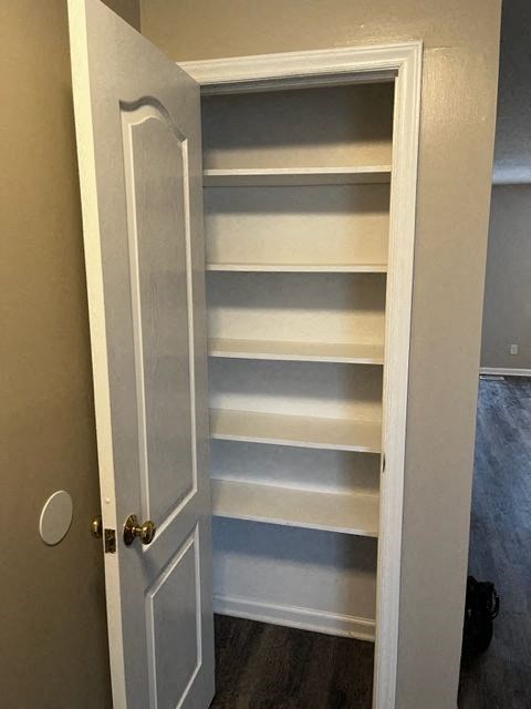 a closet with empty shelves and a white door