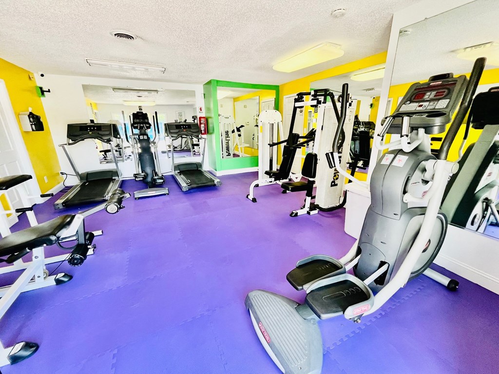 a gym with cardio equipment and weights in a wellness center