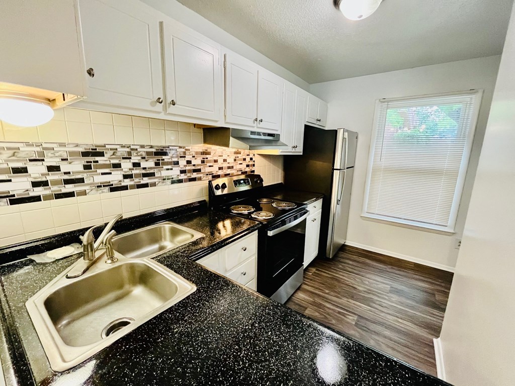 a kitchen with a sink and a stove and a refrigerator
