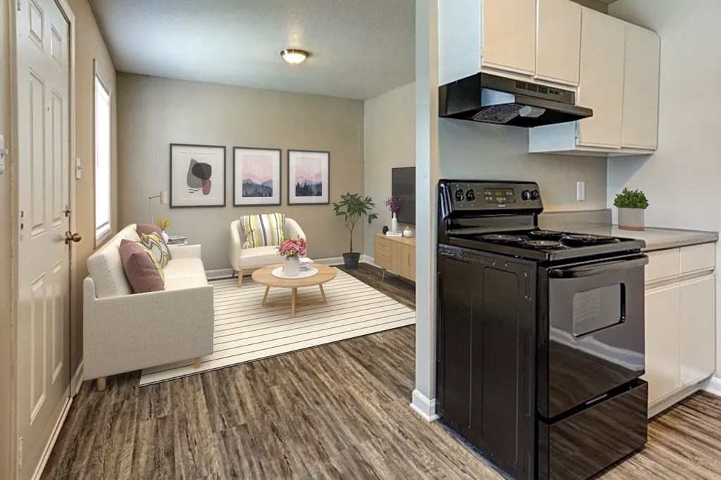 a kitchen and living room in a 555 waverly unit