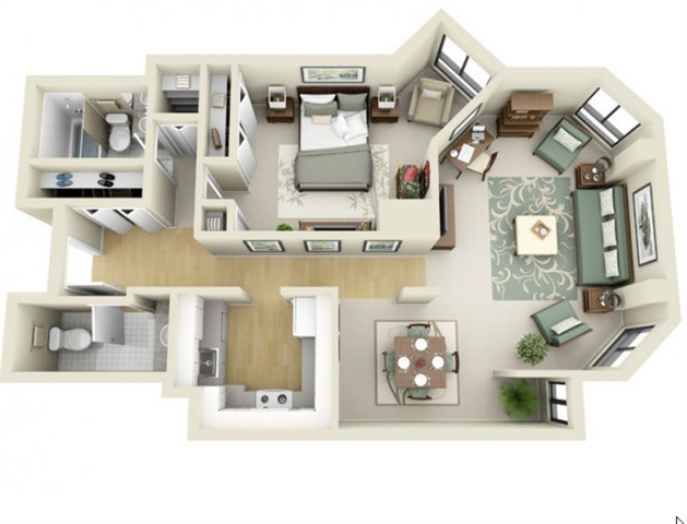 A 3D floor plan of a house with a kitchen, living room, and two bedrooms.