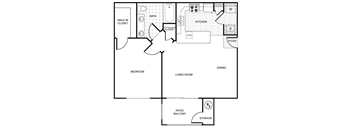 A floor plan of a house with a bedroom, living room, kitchen, and dining area.