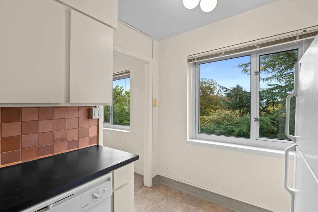 a kitchen with a sink and a window at Celio Apartments, Portland, 97205