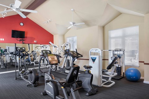 Fitness center with cardio and strength equipment at Summer Creek Apartments, Tigard, OR