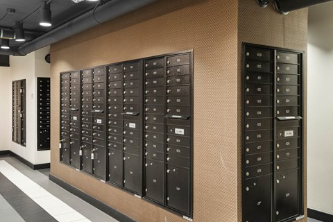 Resident mailbox room with package lockers at Vista St Clair Apartments, Portland, Oregon