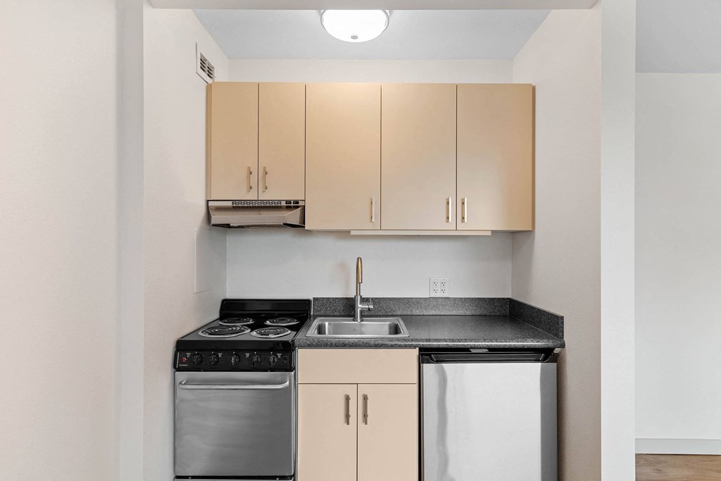 a kitchen with white cabinets and a dishwasher and a sink at Vista St. Clair, Portland, OR