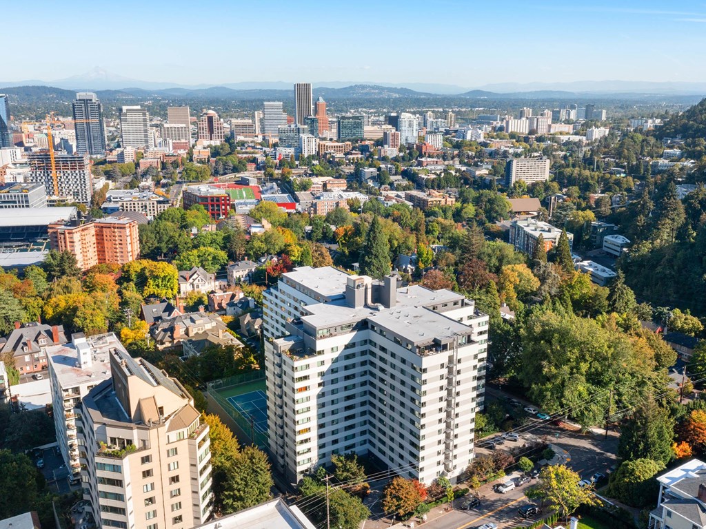 an aerial view of a city with tall buildings and trees at Vista St. Clair, Oregon, 97205