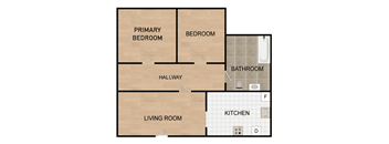 a floor plan of a two bedroom apartment with two bathrooms and a hallway to the living room