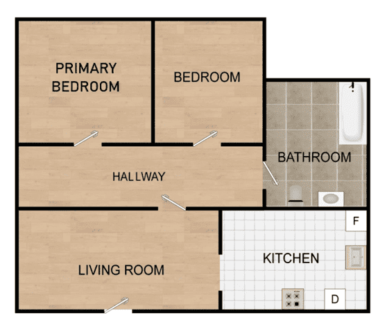 a floor plan of a two bedroom apartment with two bathrooms and a hallway to the living room