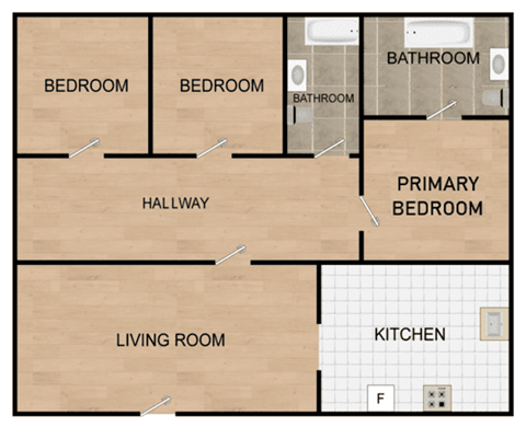 a floor plan of a two bedroom apartment with two bathrooms and a living room with a kitchen