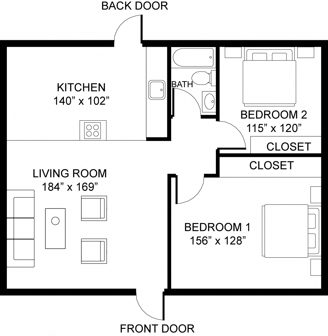 a floor plan of a small house with bedrooms and a living room and a closet