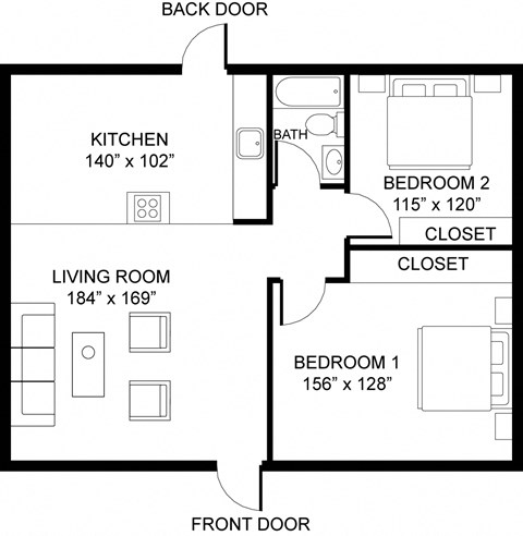 a floor plan of a small house with bedrooms and a living room and a closet