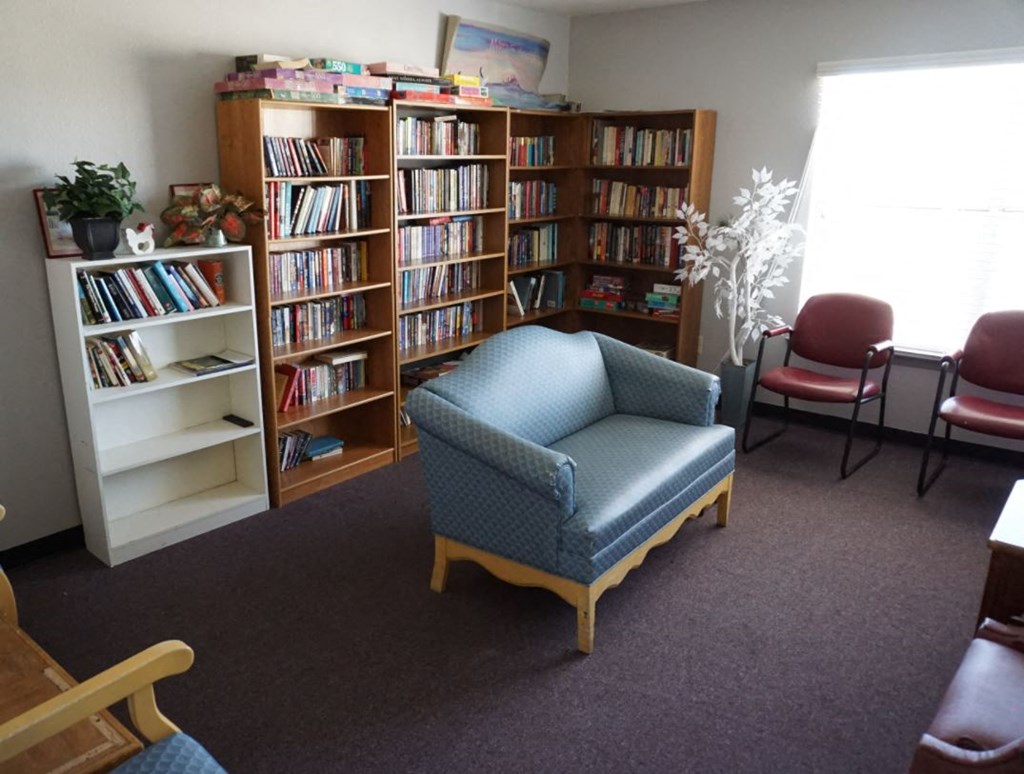 a library with a blue chair and shelves of books
