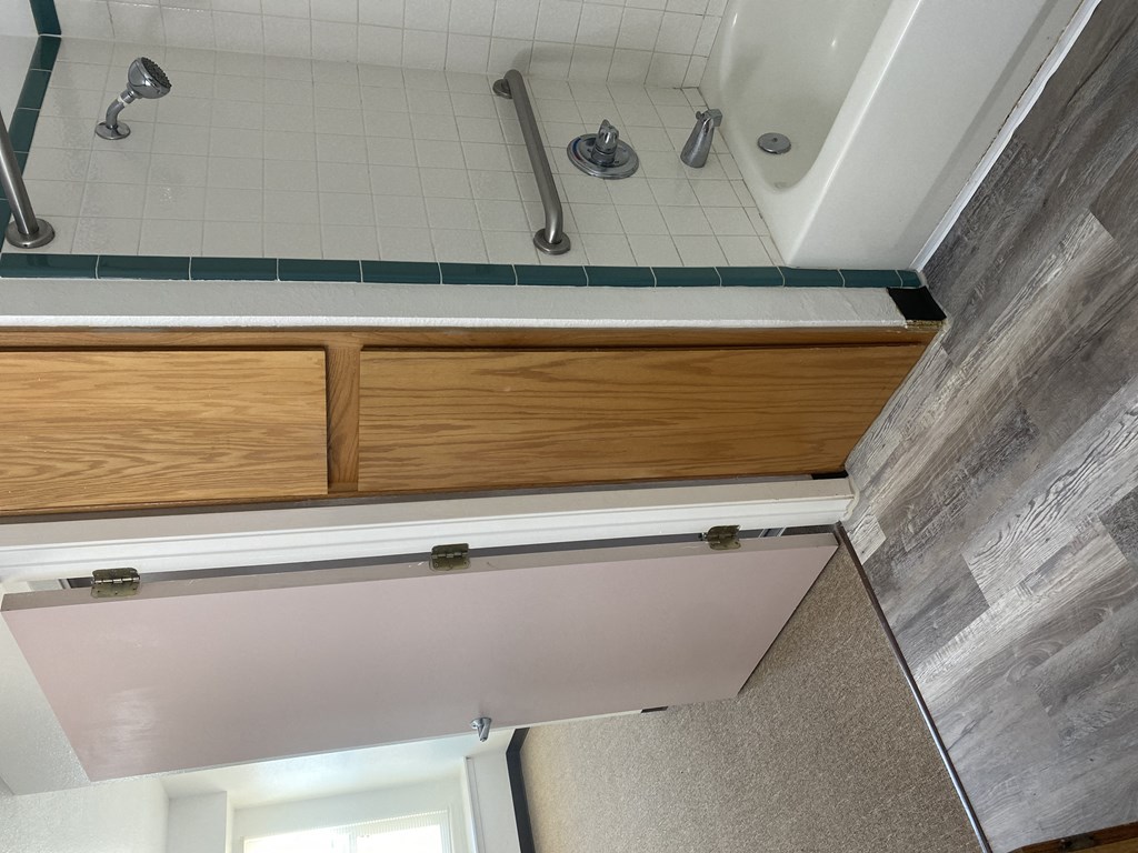 a bathroom with a shower and wooden cabinets
