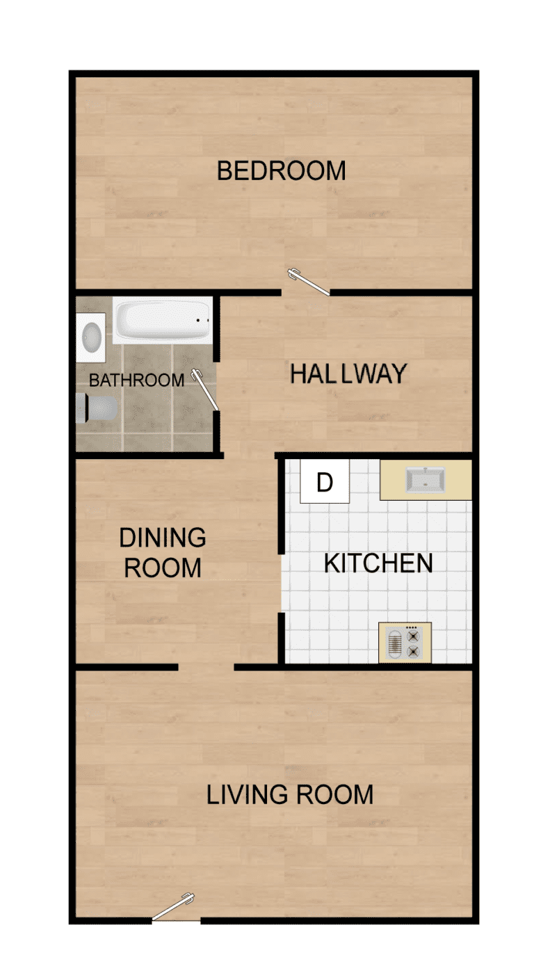 a floor plan of a one bedroom apartment with dining and kitchen