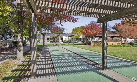 a green pathway with trees and houses in the background