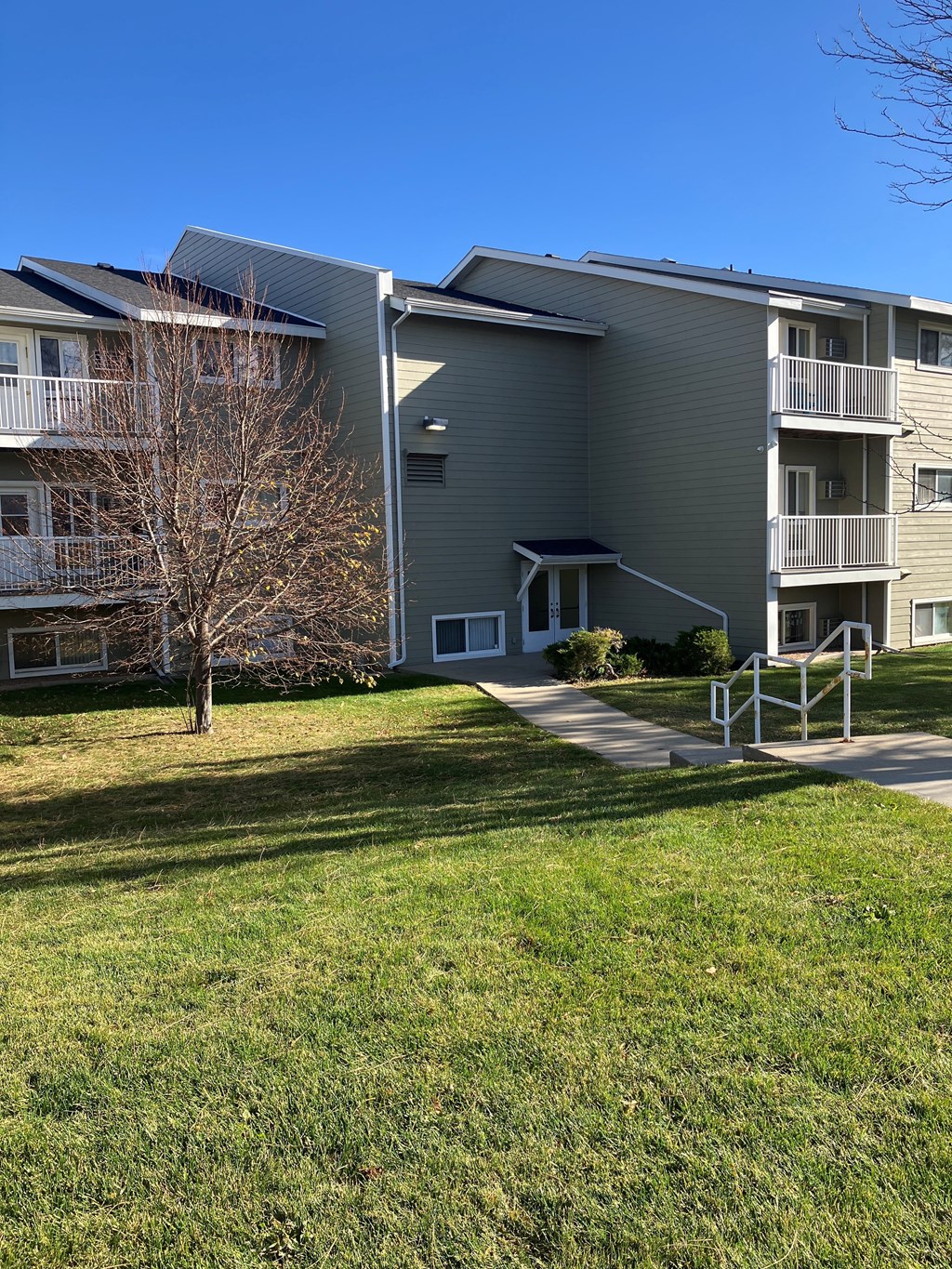 Apartment building with a tree in front of it.