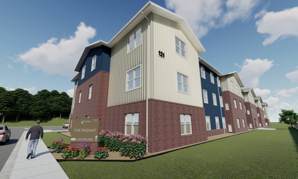 A rendering of a modern apartment complex called The Radiant.