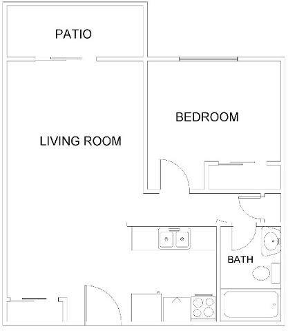A floor plan of a house with a patio, living room, bedroom, and bathroom.