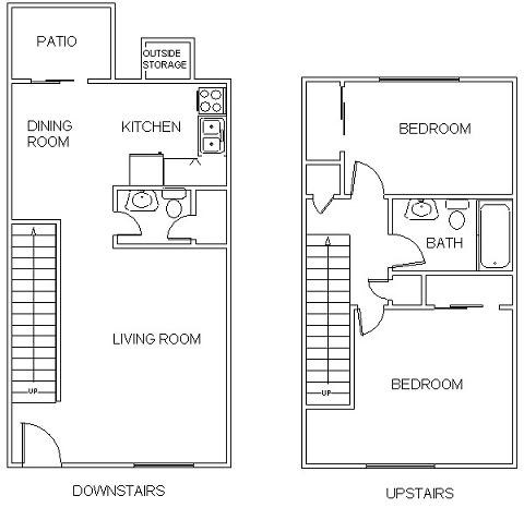 A floor plan of a two-story house with a patio, kitchen, dining room, living room, and two bedrooms.