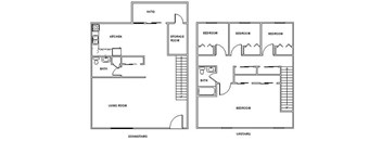 A floor plan of a house with a living room, kitchen, bath, and bedrooms.