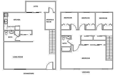 A floor plan of a house with a living room, kitchen, bath, and bedrooms.
