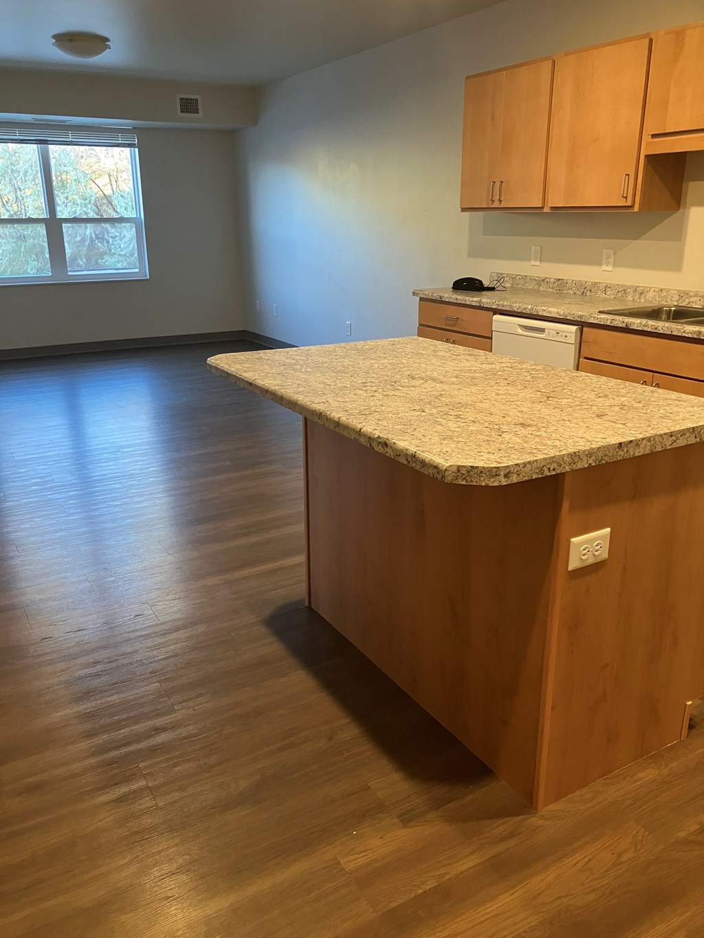 A kitchen with wooden cabinets and a granite countertop.
