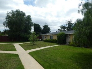 a yard in front of a house with a sidewalk