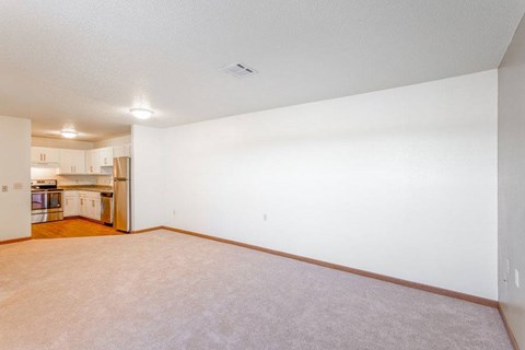 A large empty room with a kitchen visible in the background.