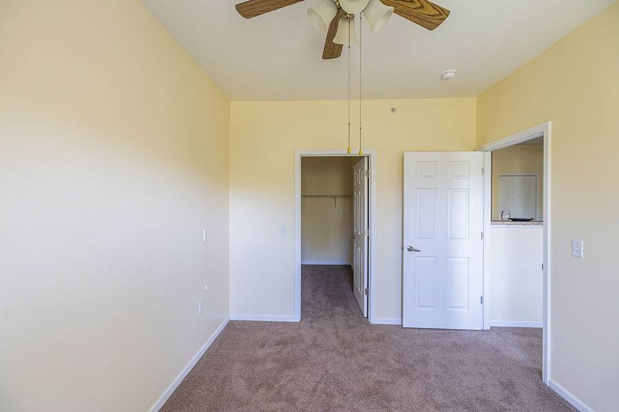 A room with a ceiling fan and carpeted floor.