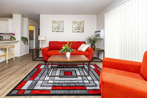 A living room with a red couch and a black and red rug.