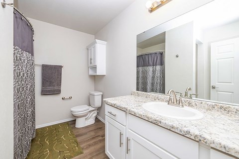 A bathroom with a toilet, sink, and shower.