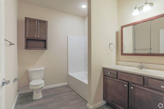 a bathroom with a toilet sink and shower and a mirror