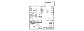 A floor plan of a house with a living room, dining area, kitchen, bath, and bedroom.