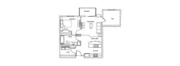 A floor plan of a house with a living room, dining area, kitchen, bathroom, bedroom and balcony.