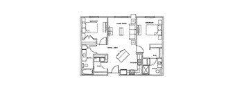 A floor plan of a house with labeled rooms such as bedroom, living room, and kitchen.