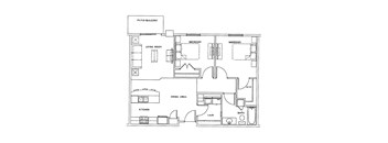 A floor plan of a house with a living room, dining area, kitchen, and three bedrooms.
